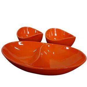 Vintage MCM Chip & Dip Serving Set 1970 Handpainted Ceramic Vibrant Orange 3 Pc